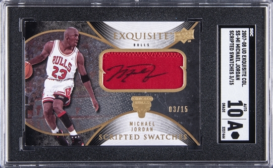 2007-08 UD "Exquisite Collection" Scripted Swatches #SS-MI Michael Jordan Signed Game Used Patch Card (#03/15) – SGC Authentic/SGC 10